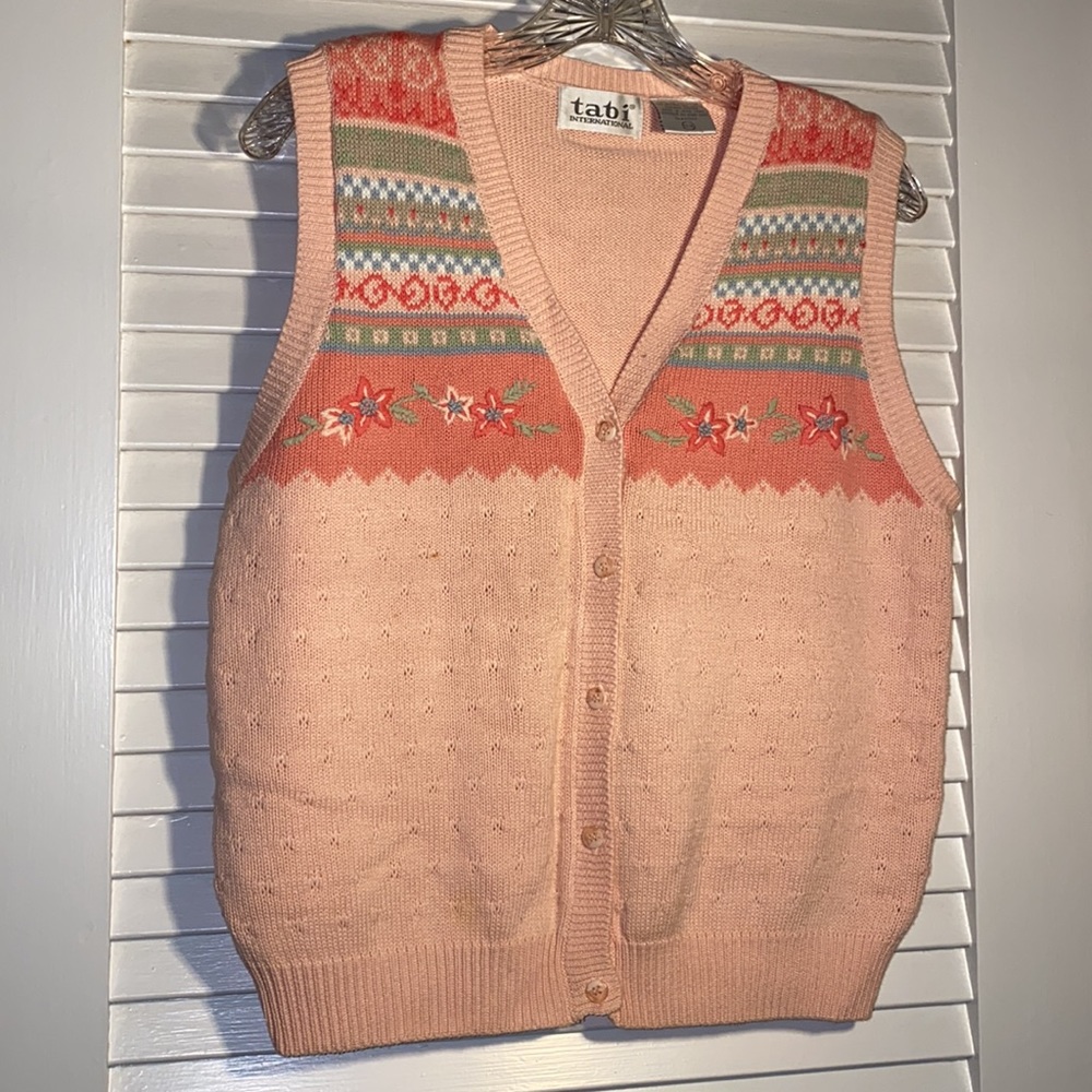 Peach and green embroidered sweater vest, button down, 100% cotton